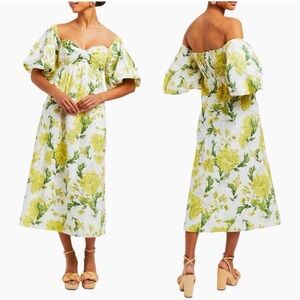 NEW Mestiza New York Emilie Midi Dress SZ Small Yellow Floral Linen Puff Sleeves
